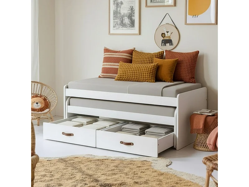 Lit compact 2 lits + 2 tiroirs individuels + matelas blanc 105x200cm