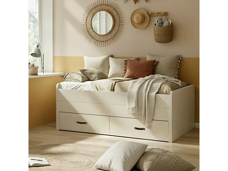 Lit + 2 tiroirs individuels + matelas blanc 90x200 cm