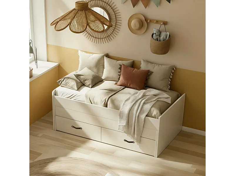 Lit + 2 tiroirs individuels + matelas blanc 90x200 cm