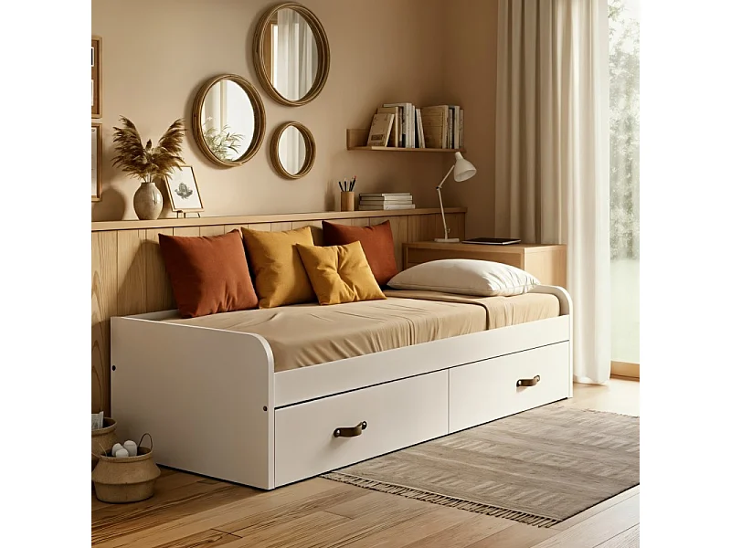 Lit gigogne + 2 tiroirs individuels blanc 105x190cm