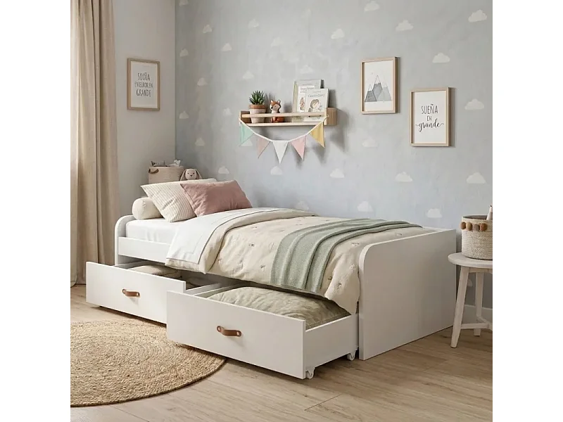 Lit gigogne + 2 tiroirs individuels blanc 90x190cm