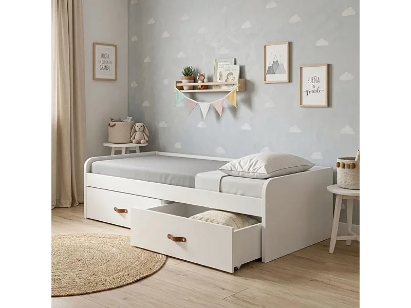 Lit gigogne + 2 tiroirs individuels blanc 90x190cm
