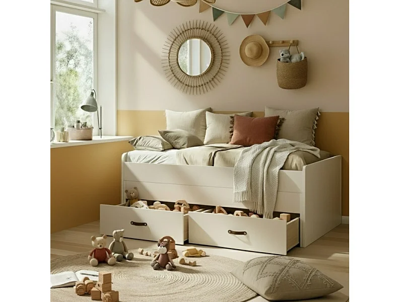 Lit + 2 tiroirs individuels blanc 90x200 cm