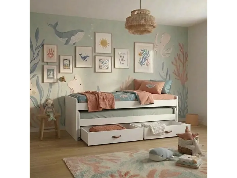 Lit + 2 tiroirs individuels blanc 90x200 cm