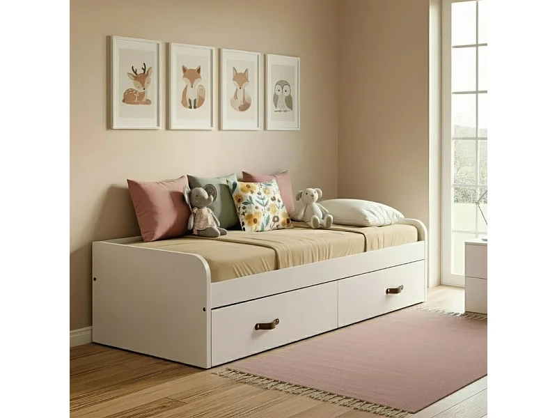 Lit gigogne + 2 tiroirs individuels + matelas blanc 90x190cm