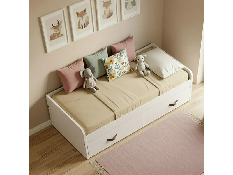 Lit gigogne + 2 tiroirs individuels + matelas blanc 90x190cm