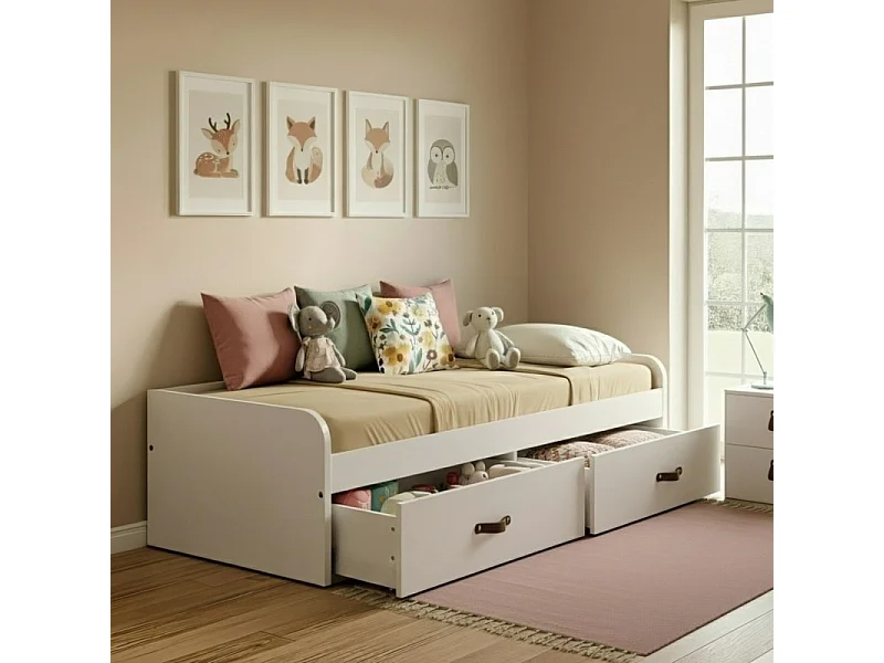 Lit gigogne + 2 tiroirs individuels + matelas blanc 105x190cm