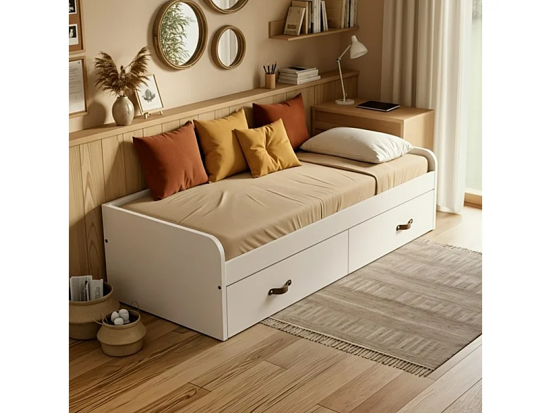 Lit gigogne + 2 tiroirs individuels + matelas blanc 105x190cm