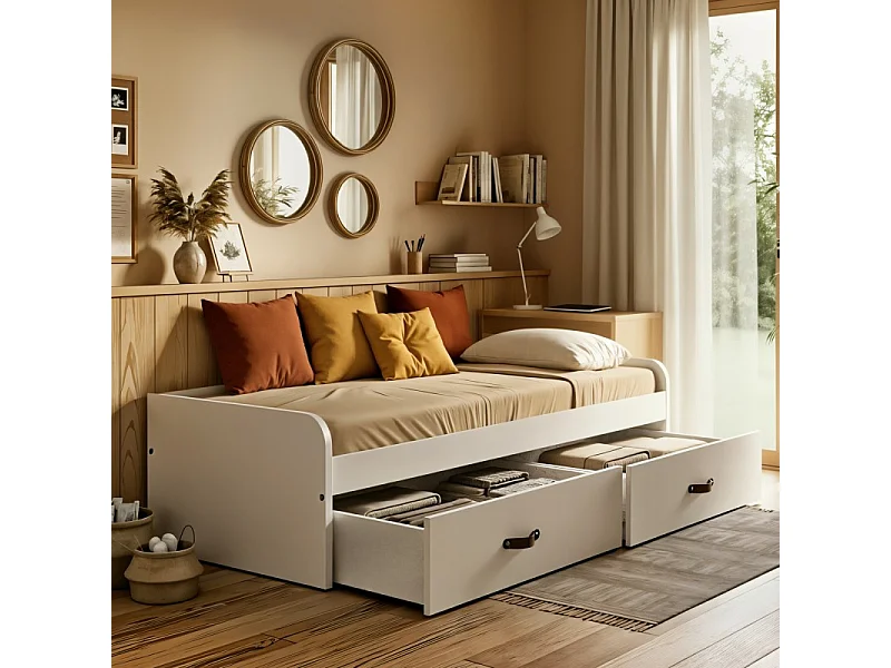 Lit gigogne + 2 tiroirs individuels + matelas blanc 105x190cm