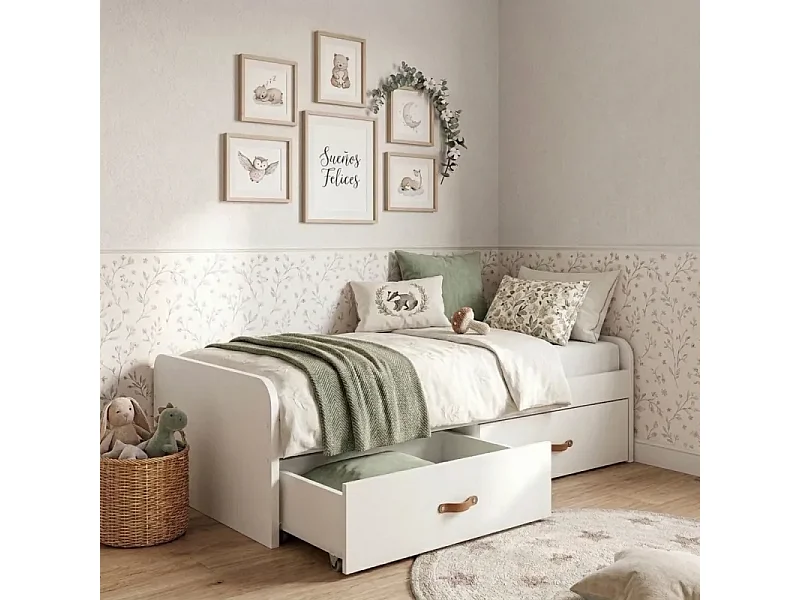 Lit gigogne + 2 tiroirs individuels + matelas blanc 105x190cm
