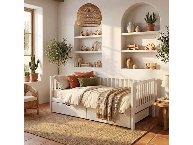 Letto evolutivo + 2 cassetti legno bianco 90x190cm