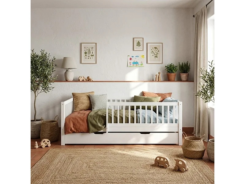 Mitwachsendes Bett + Schublade Holz weiß 90x190cm