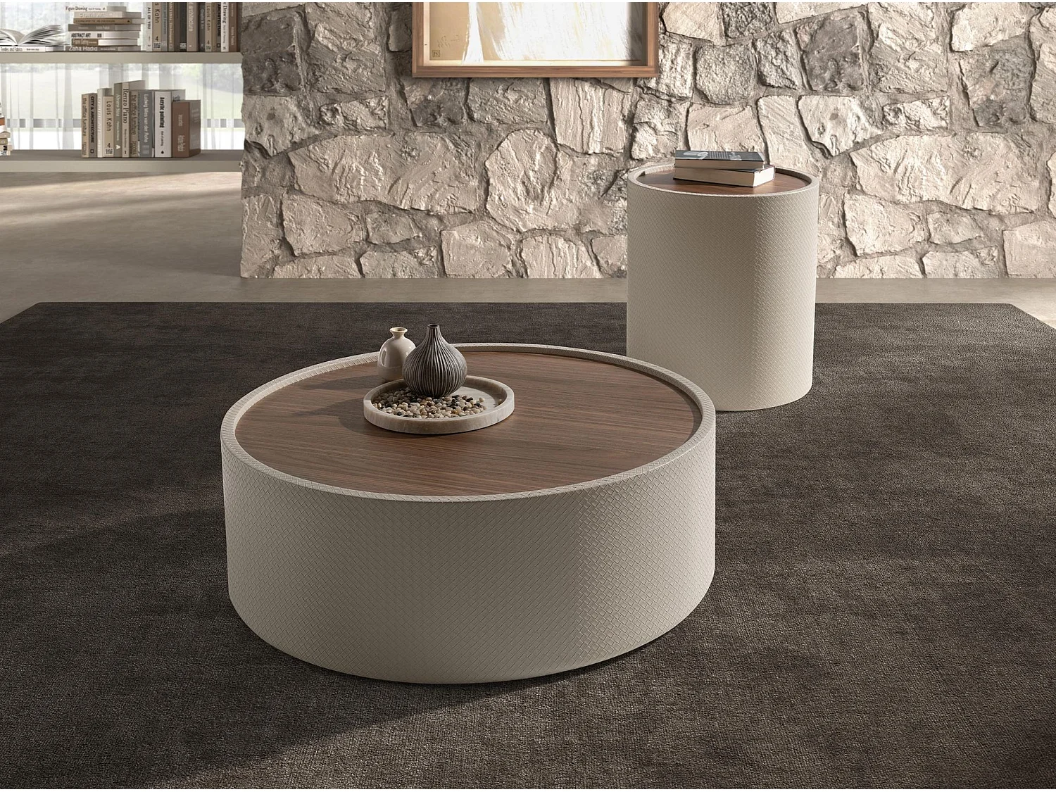 Runder Couchtisch aus Nussbaumholz und Holz mit Kunstlederbezug in Sandfarbe 2164 ANGEL CERDA