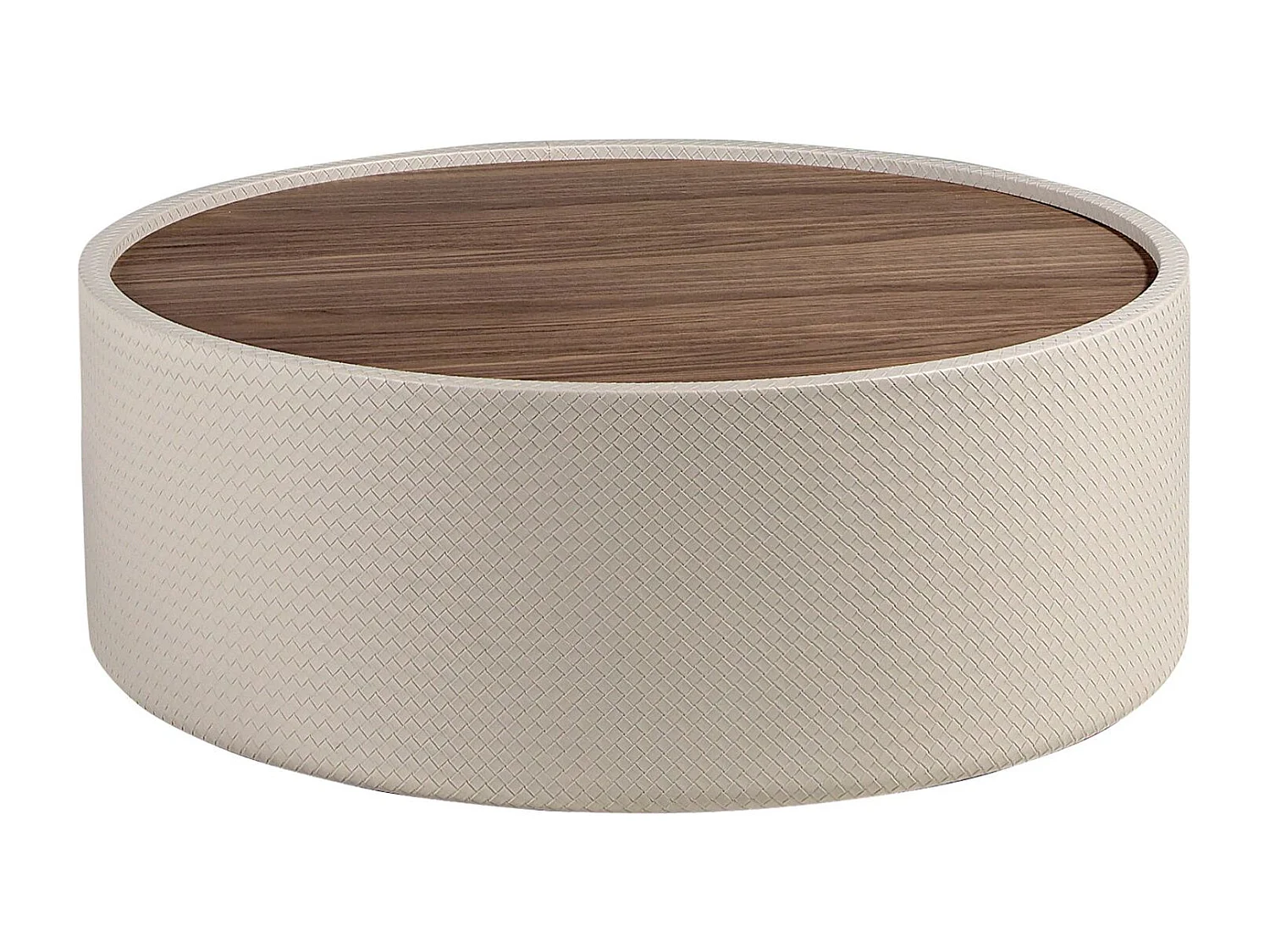 Runder Couchtisch aus Nussbaumholz und Holz mit Kunstlederbezug in Sandfarbe 2164 ANGEL CERDA