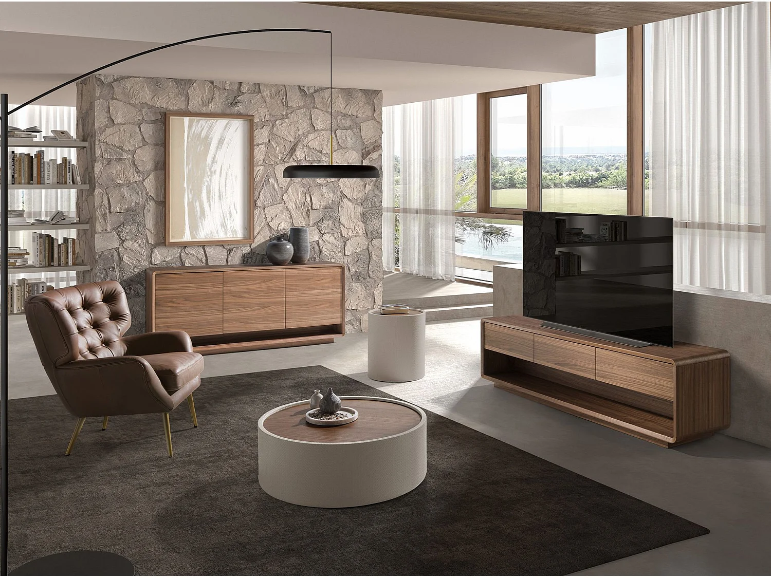 Runder Couchtisch aus Nussbaumholz und Holz mit Kunstlederbezug in Sandfarbe 2164 ANGEL CERDA