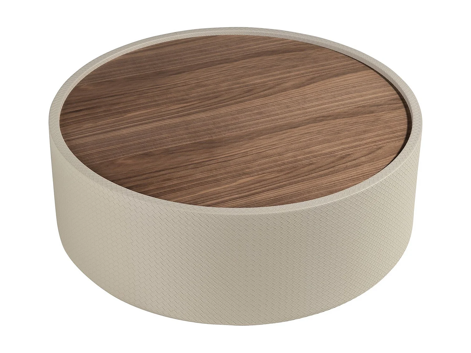 Runder Couchtisch aus Nussbaumholz und Holz mit Kunstlederbezug in Sandfarbe 2164 ANGEL CERDA