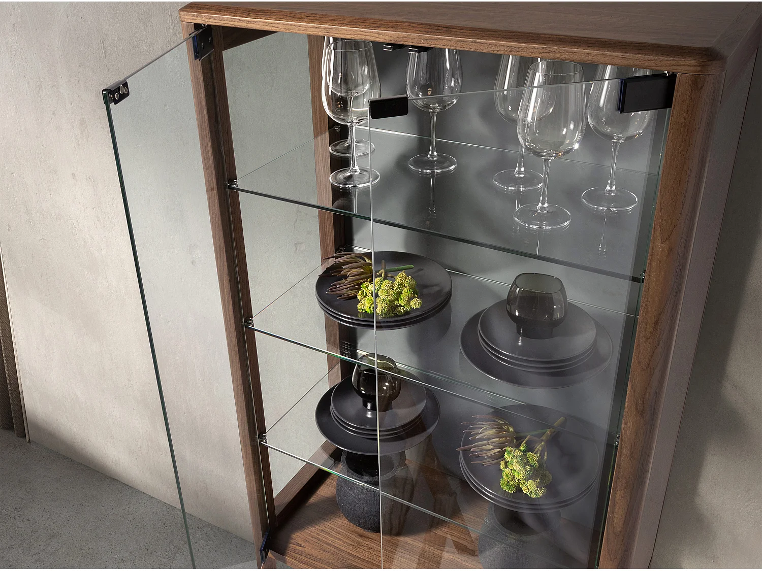 Hohes Sideboard aus gehärtetem Glas und Nussbaum mit Innenbeleuchtung 3292 ANGEL CERDA