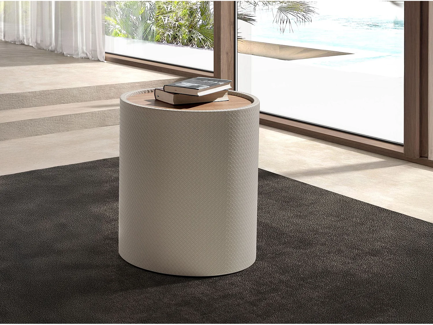 Runder Beistelltisch aus Nussbaum, Nussbaum und Holz mit Kunstlederbezug in Sandfarbe 2165 ANGEL CERDA