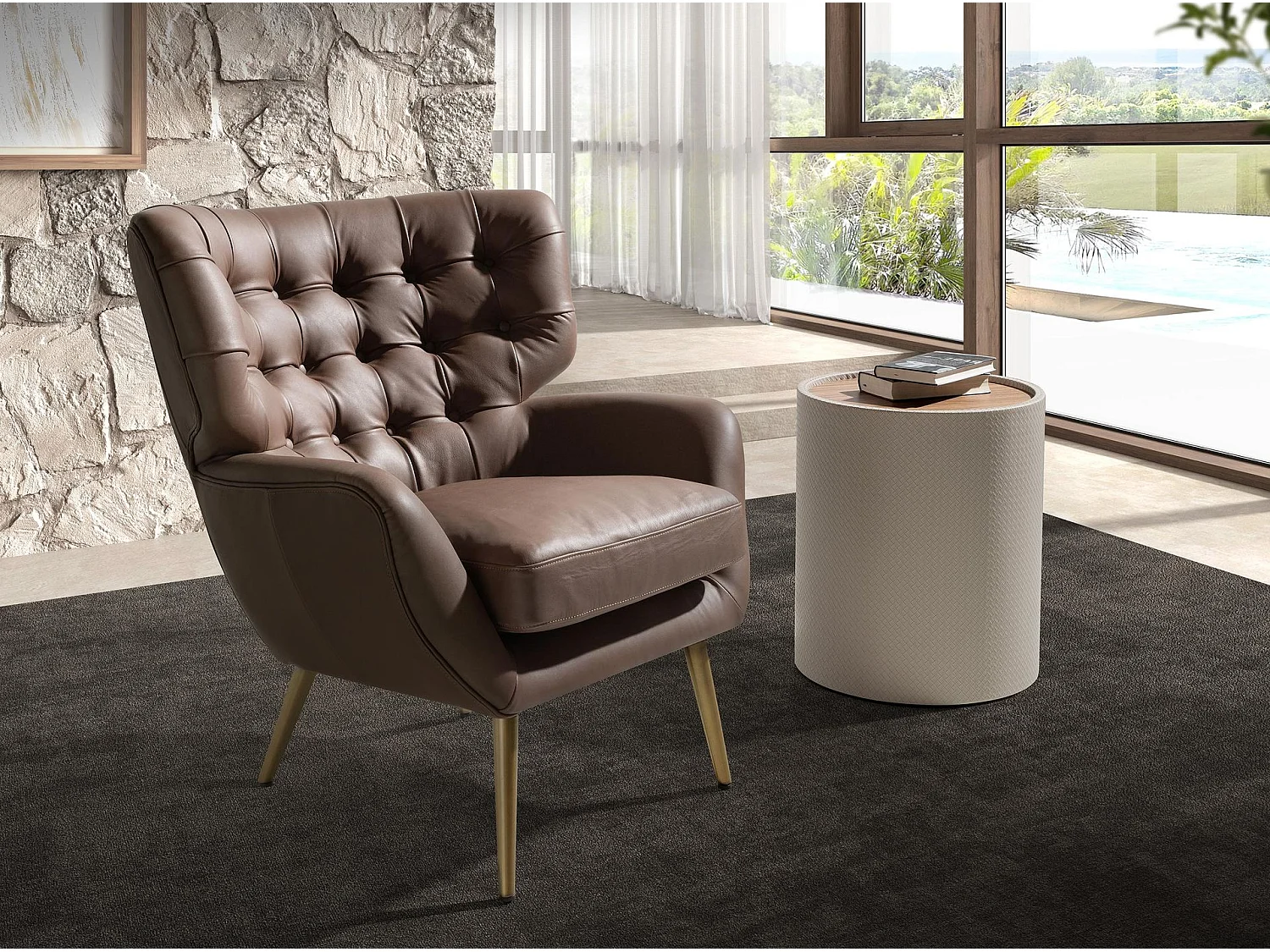 Runder Beistelltisch aus Nussbaum, Nussbaum und Holz mit Kunstlederbezug in Sandfarbe 2165 ANGEL CERDA