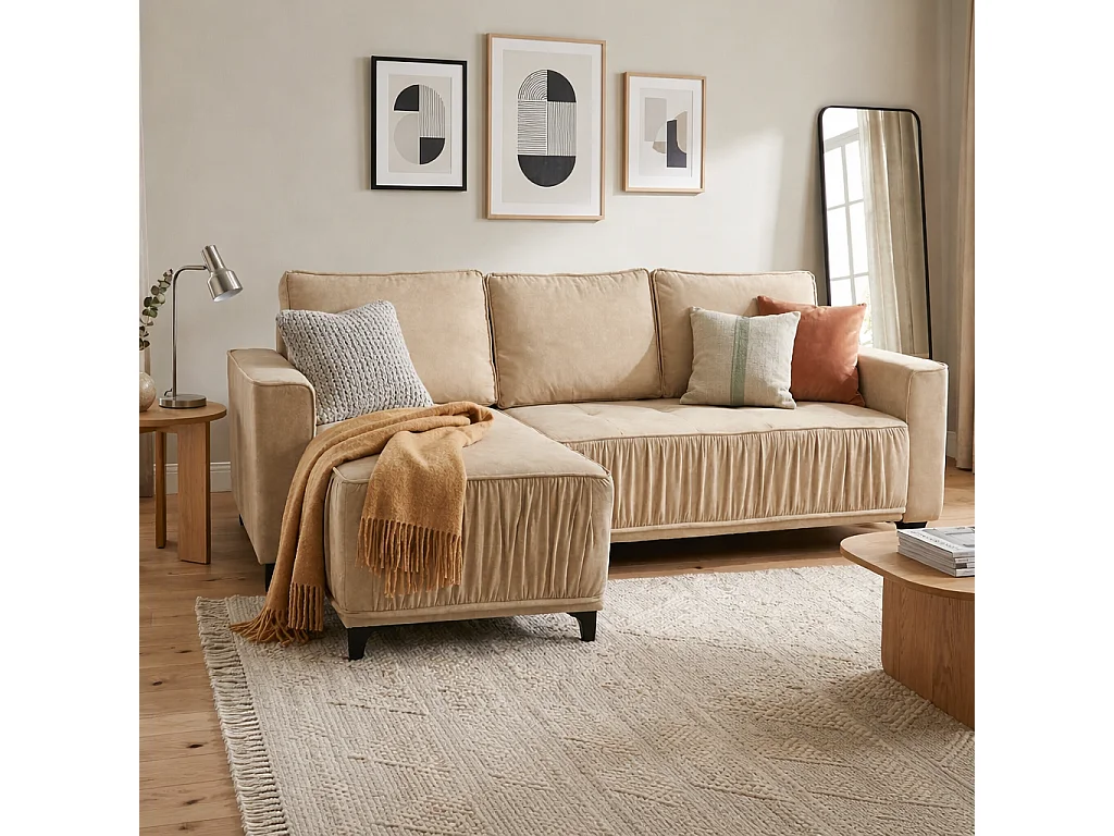 Élégant canapé d'angle convertible gauche VIKI 238x143cm, en tissu MONOLITH 4 crème