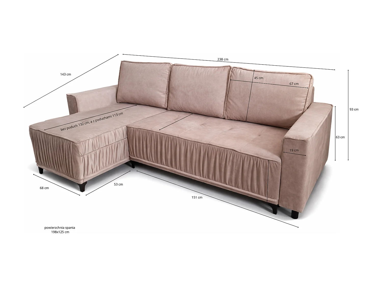 Élégant canapé d'angle convertible gauche VIKI 238x143cm, en tissu MONOLITH 4 crème