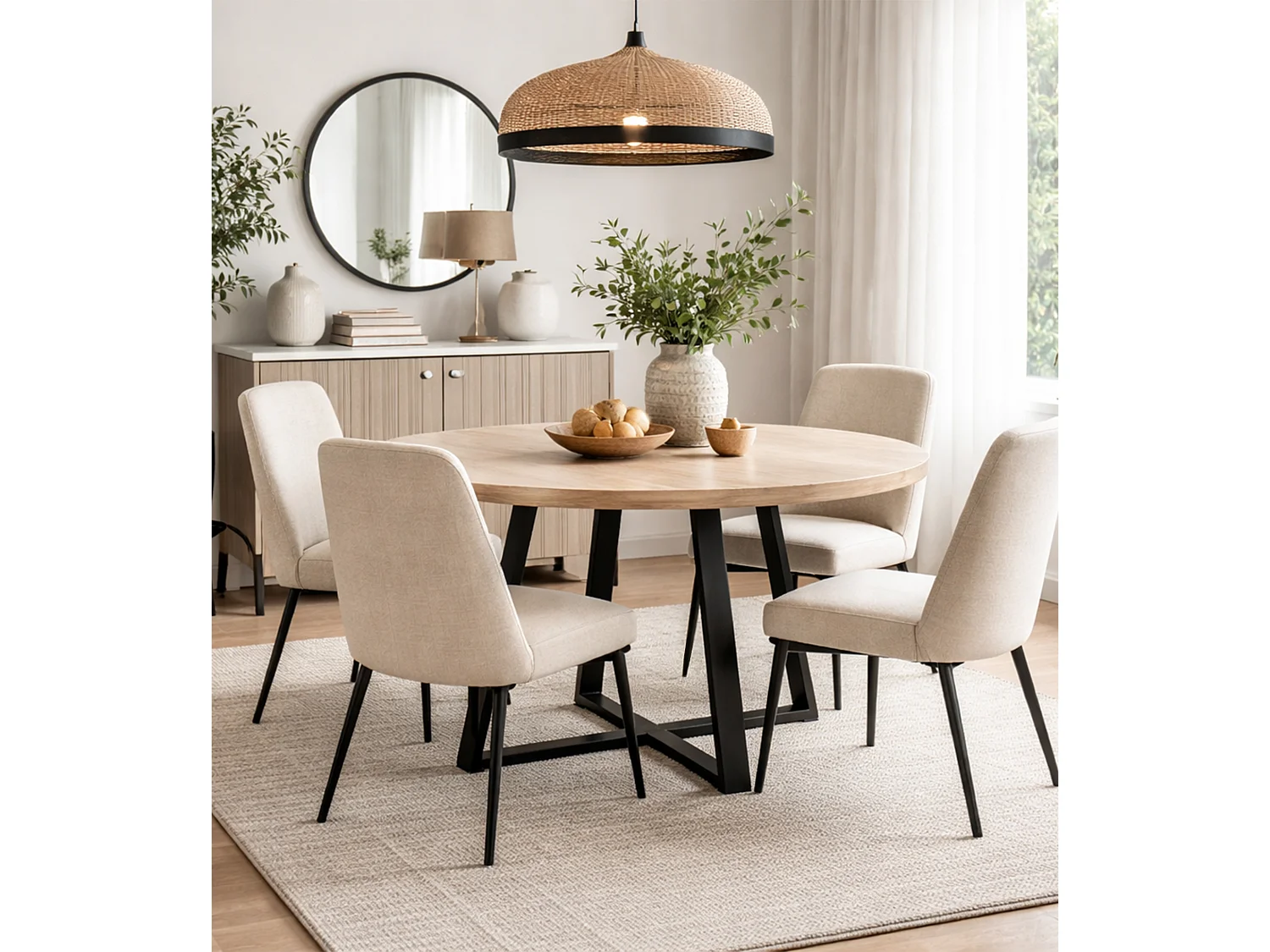 Mesa de comedor redonda extensible de 76x120-160x120 cm en beige y patas negras Anubis