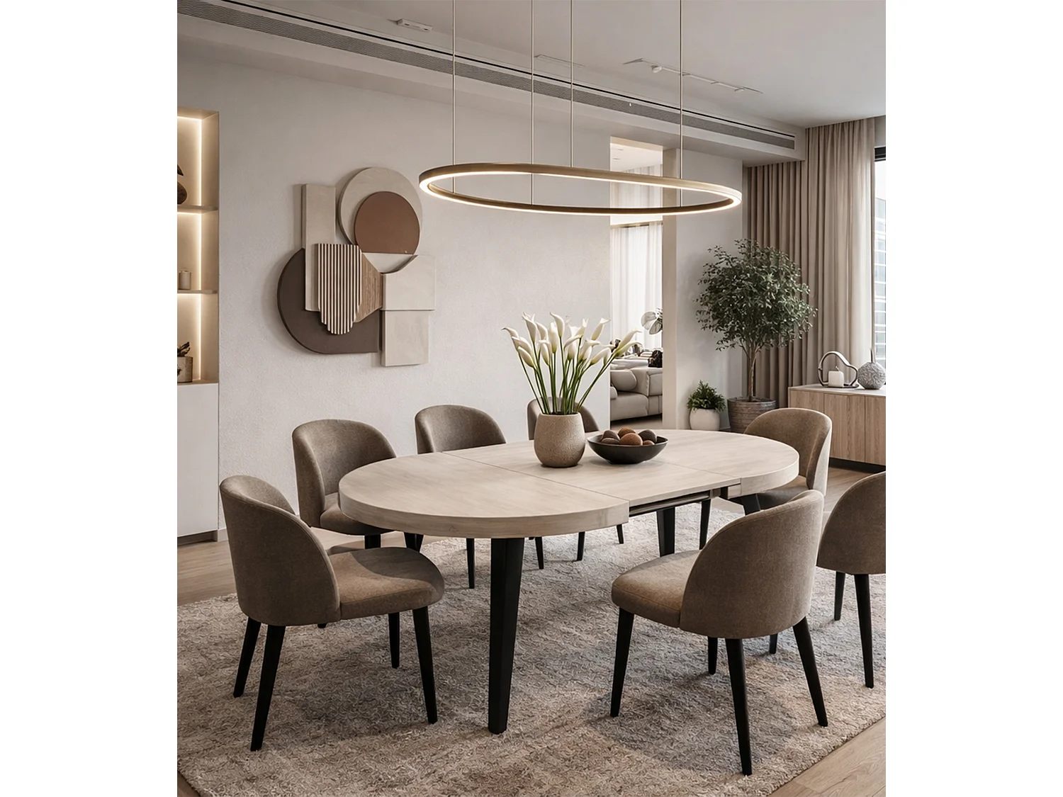 mesa redonda extensible de 76x100-140-180 cm en beige y patas metálicas negras Alpes