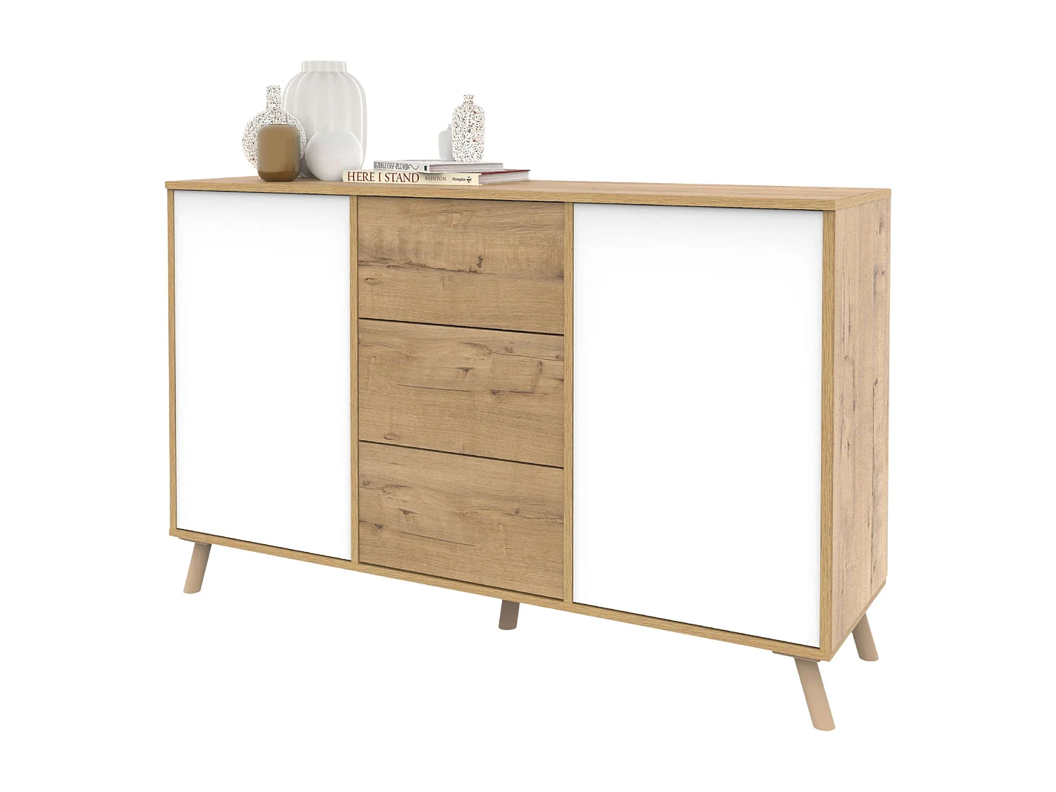 Aparador Oslo 3 cajones y 2 puertas roble gold y blanco mate 89x140x40 cm