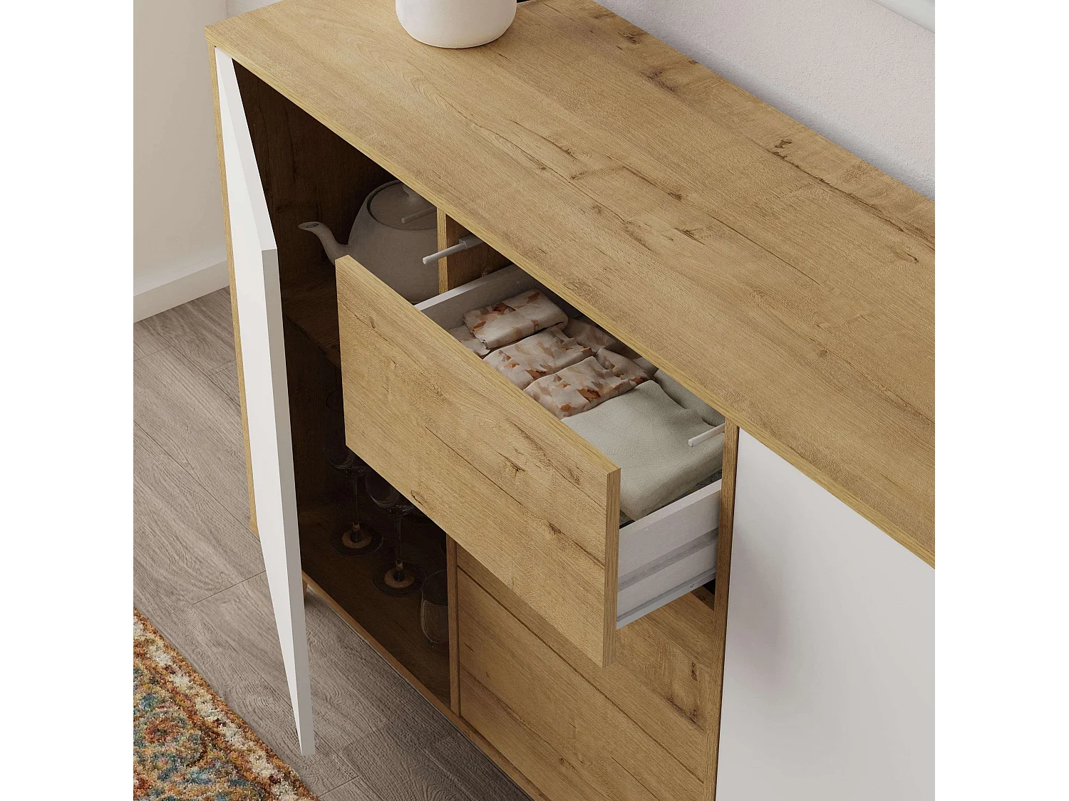 Aparador Oslo 3 cajones y 2 puertas roble gold y blanco mate 89x140x40 cm