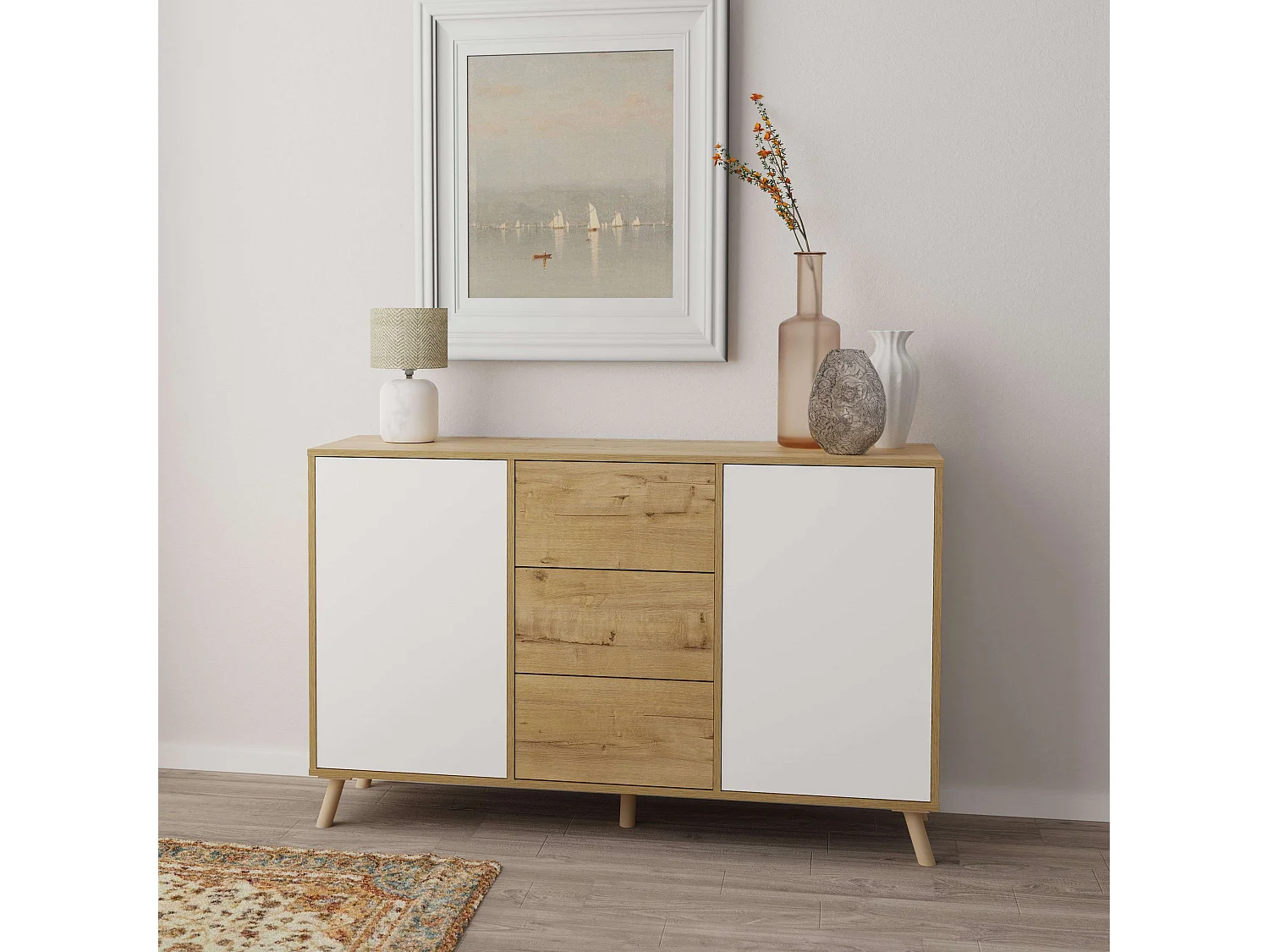 Aparador Oslo 3 cajones y 2 puertas roble gold y blanco mate 89x140x40 cm