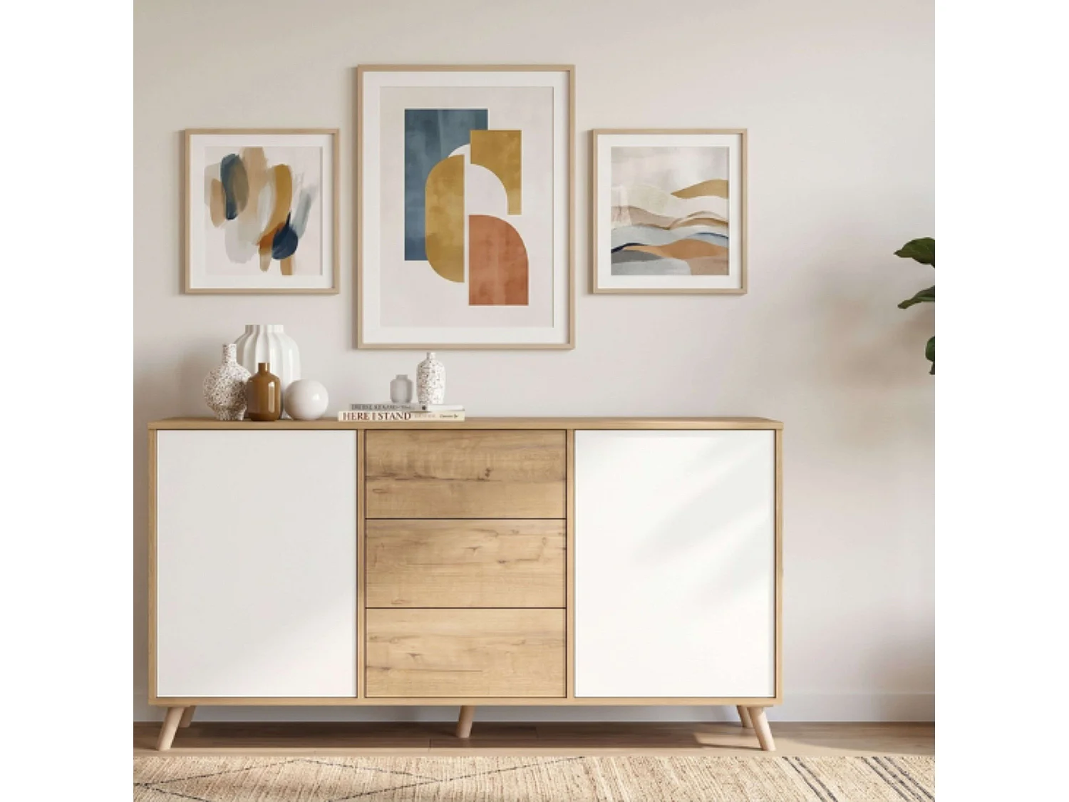 Aparador Oslo 3 cajones y 2 puertas roble gold y blanco mate 89x140x40 cm