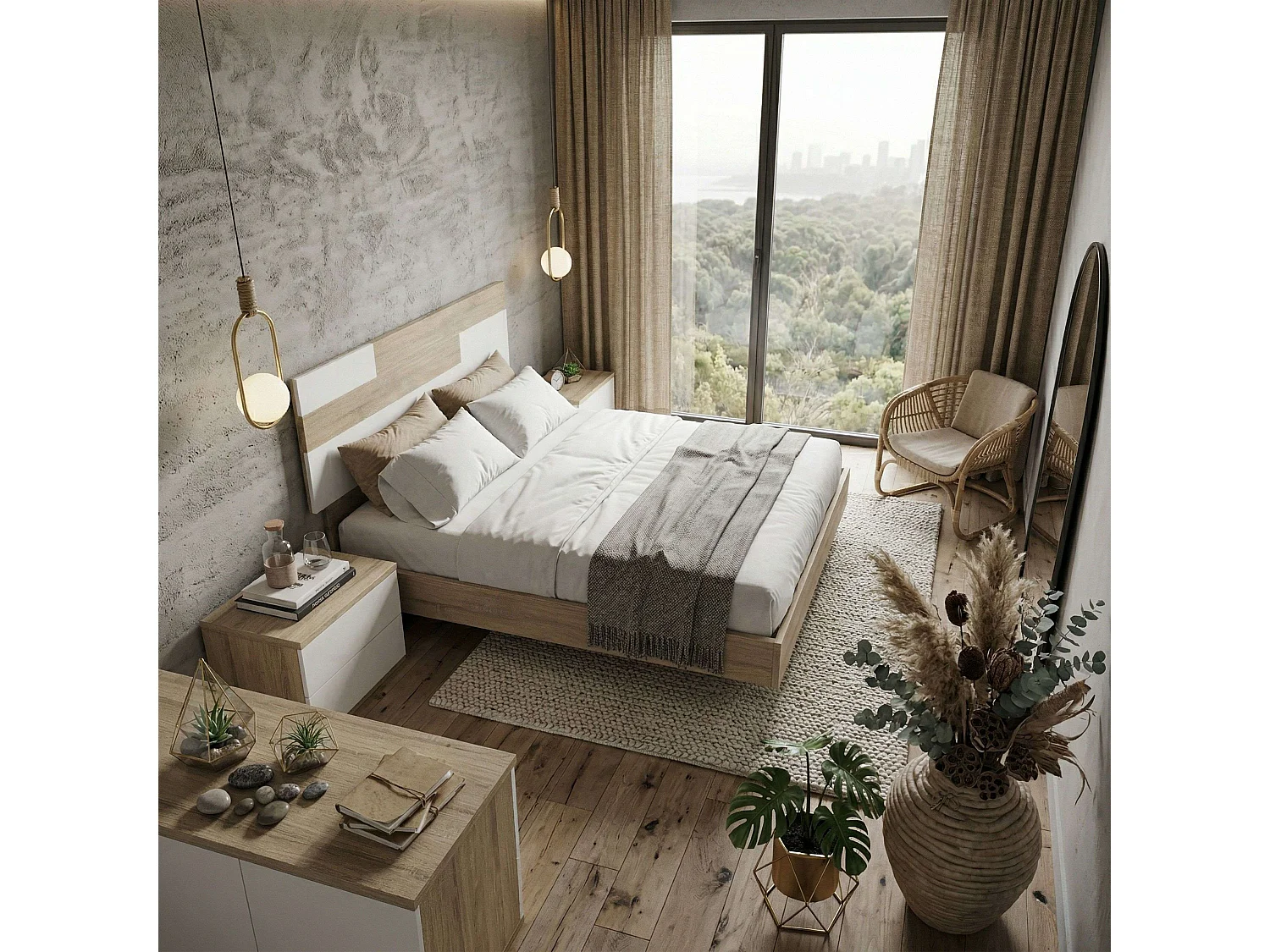 Conjunto de quarto Erika em carvalho Cambriano e branco (cabeceira + 2 mesas de cabeceira) 270x94x34cm