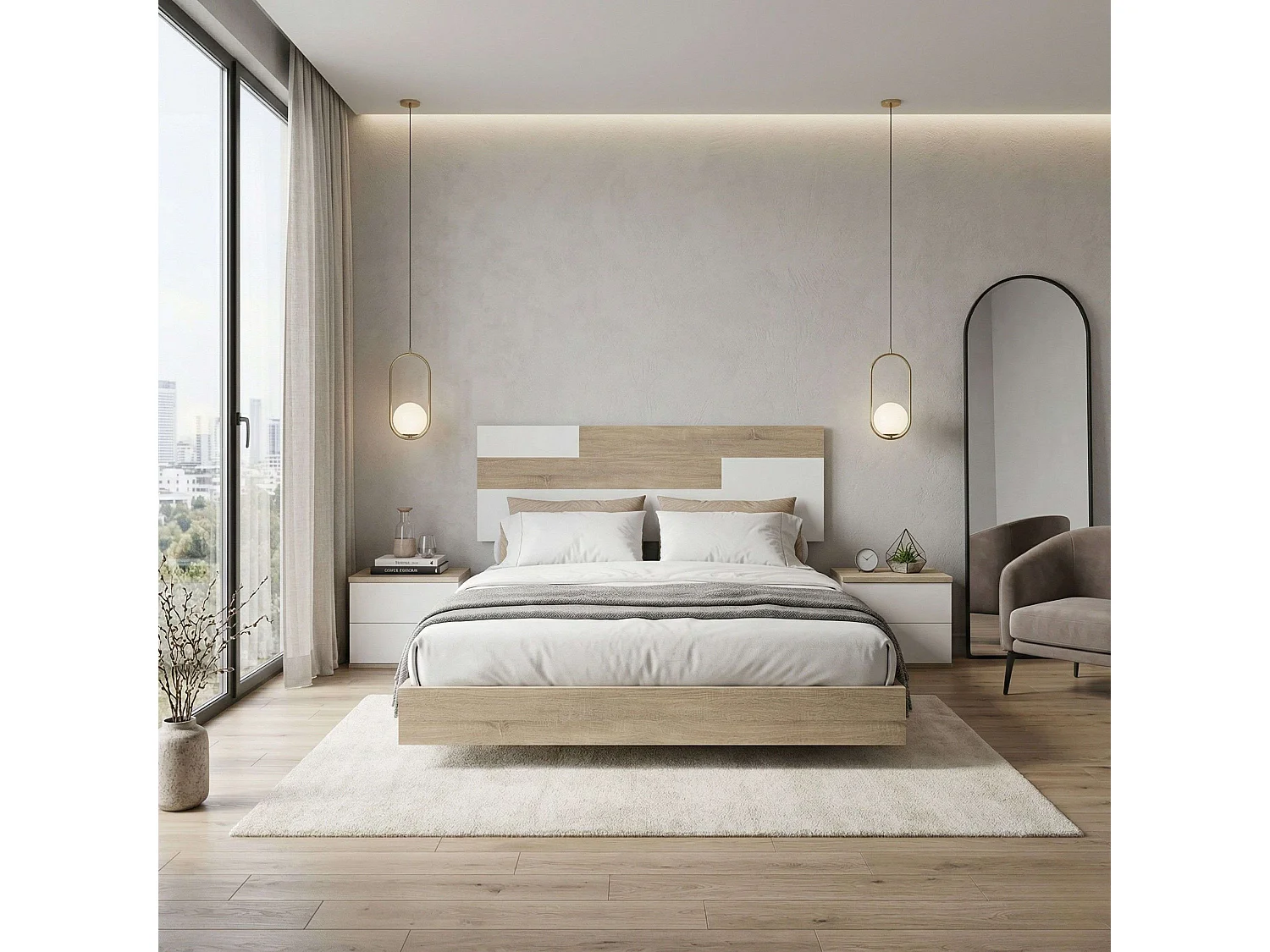 Conjunto de quarto Erika em carvalho Cambriano e branco (cabeceira + 2 mesas de cabeceira) 270x94x34cm