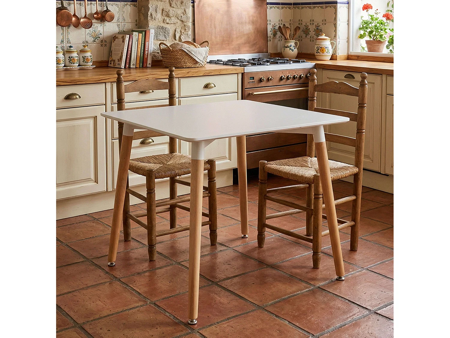 Mesa de cozinha quadrada fixa Copi, branca e madeira clara, 75x80x80 cm