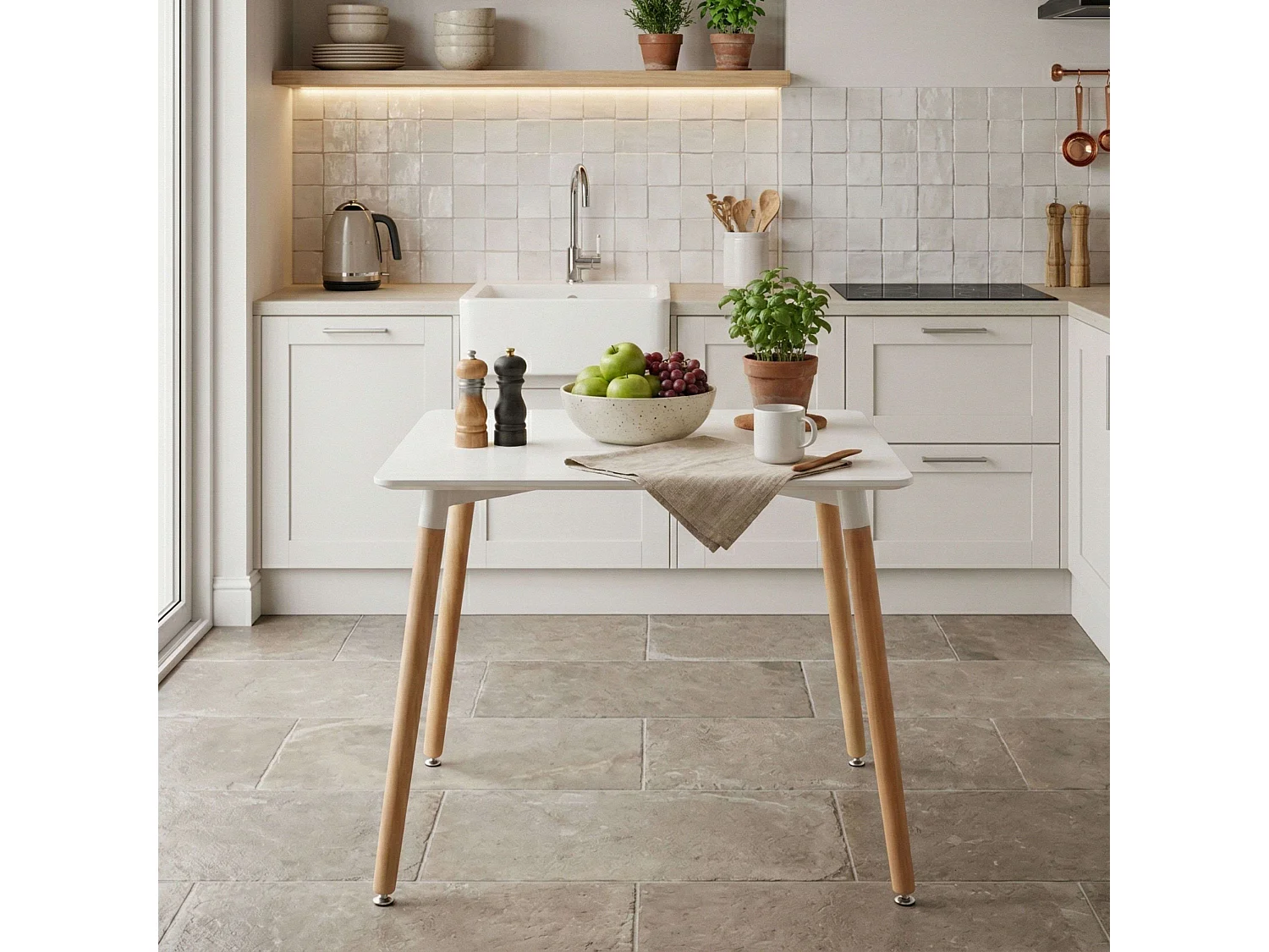 Mesa de cocina fija cuadrada Copi cocina blanco y madera claro 75x80x80 cm