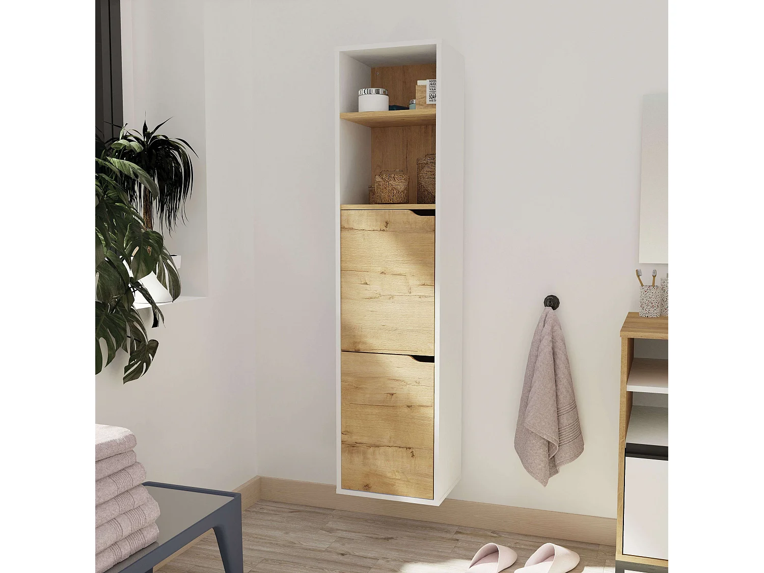 Coluna de banheiro Nadia, em melamina, com 2 armários e 2 prateleiras, 150x36,5x30 cm