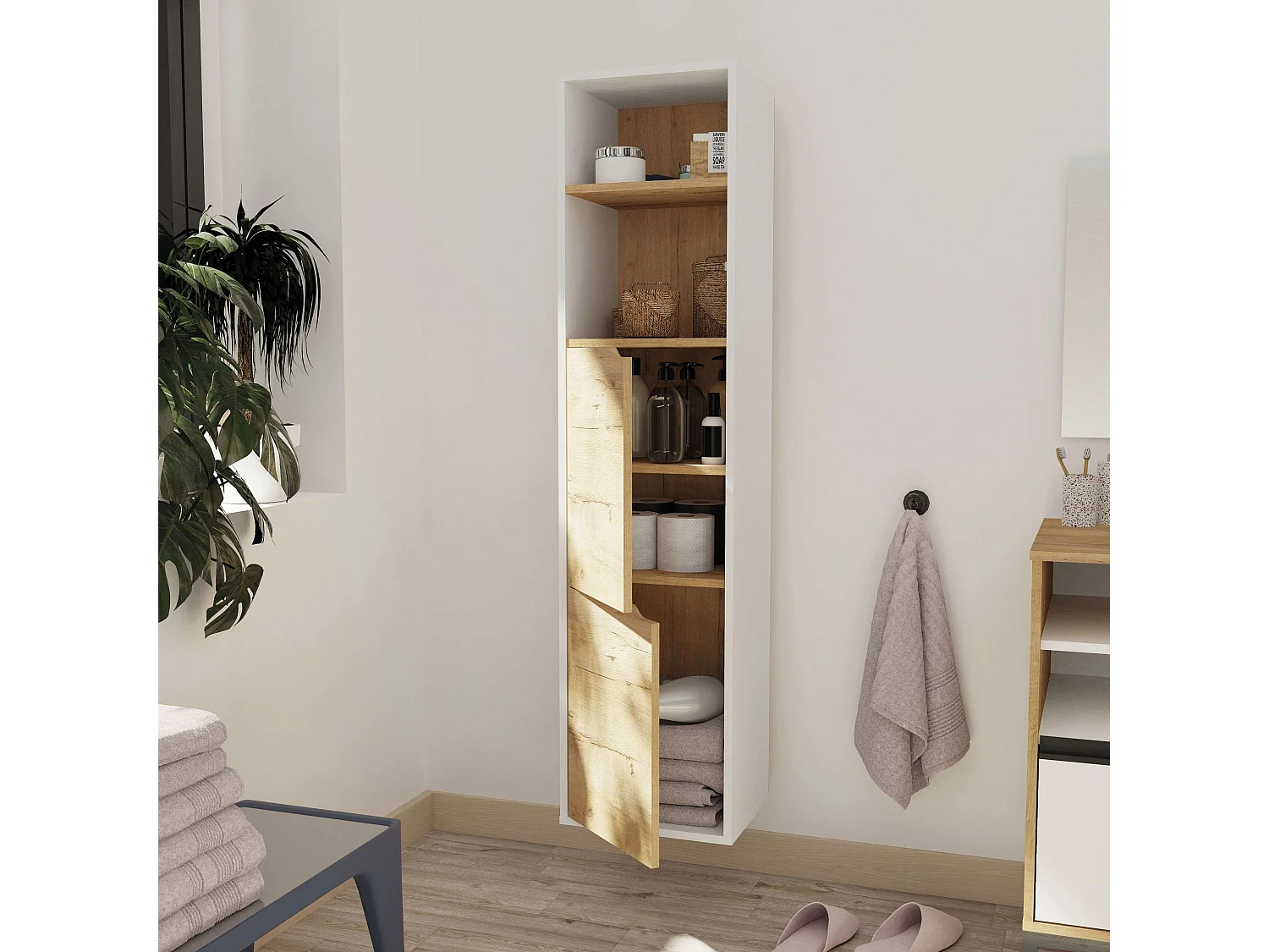 Coluna de banheiro Nadia, em melamina, com 2 armários e 2 prateleiras, 150x36,5x30 cm