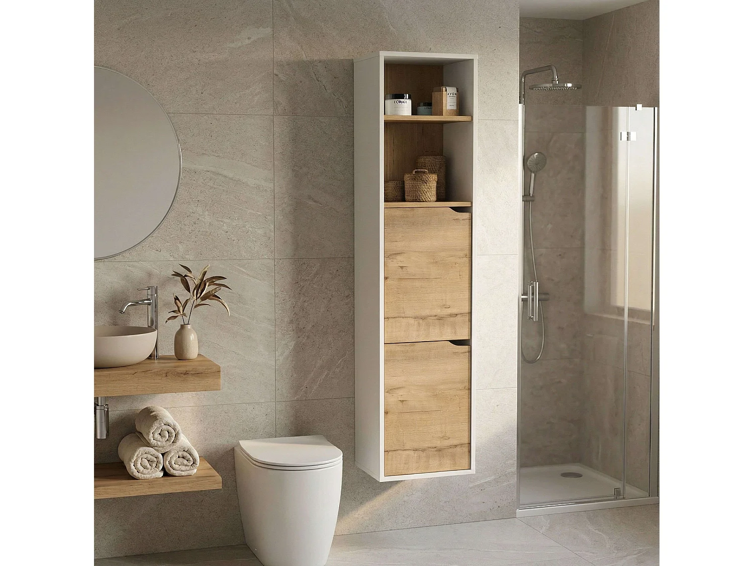 Coluna de banheiro Nadia, em melamina, com 2 armários e 2 prateleiras, 150x36,5x30 cm