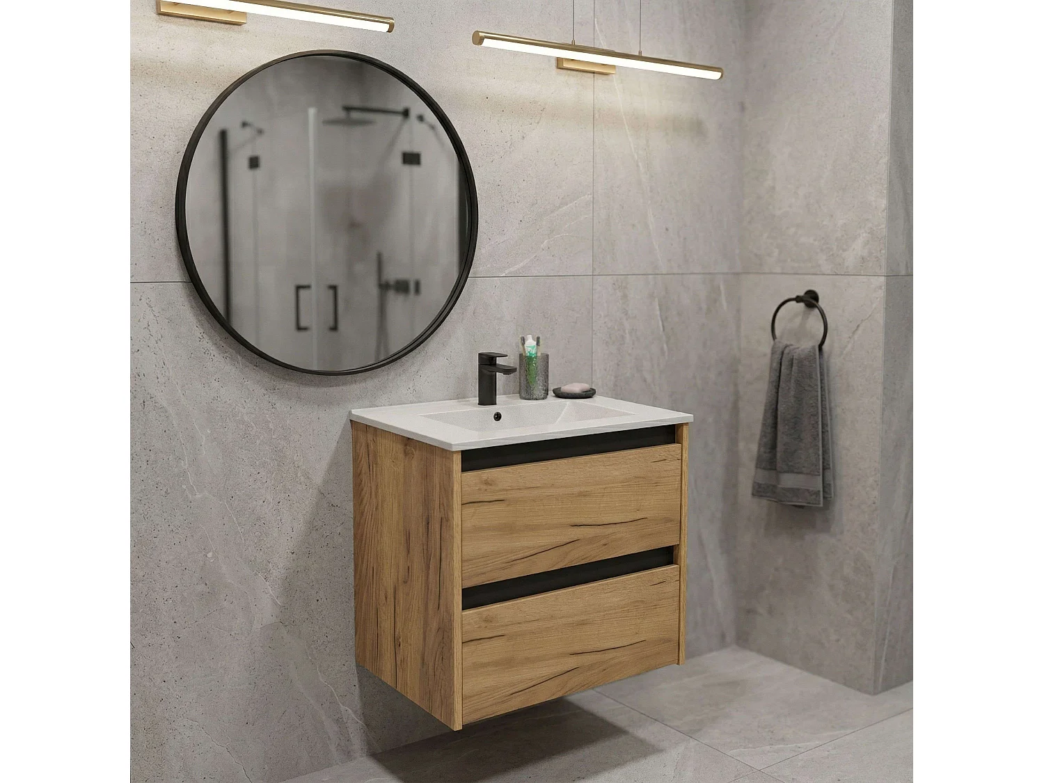 Mueble suspendido Nilo 60 baño 2 cajones roble kraft y gris 59,5x60x45,5 cm