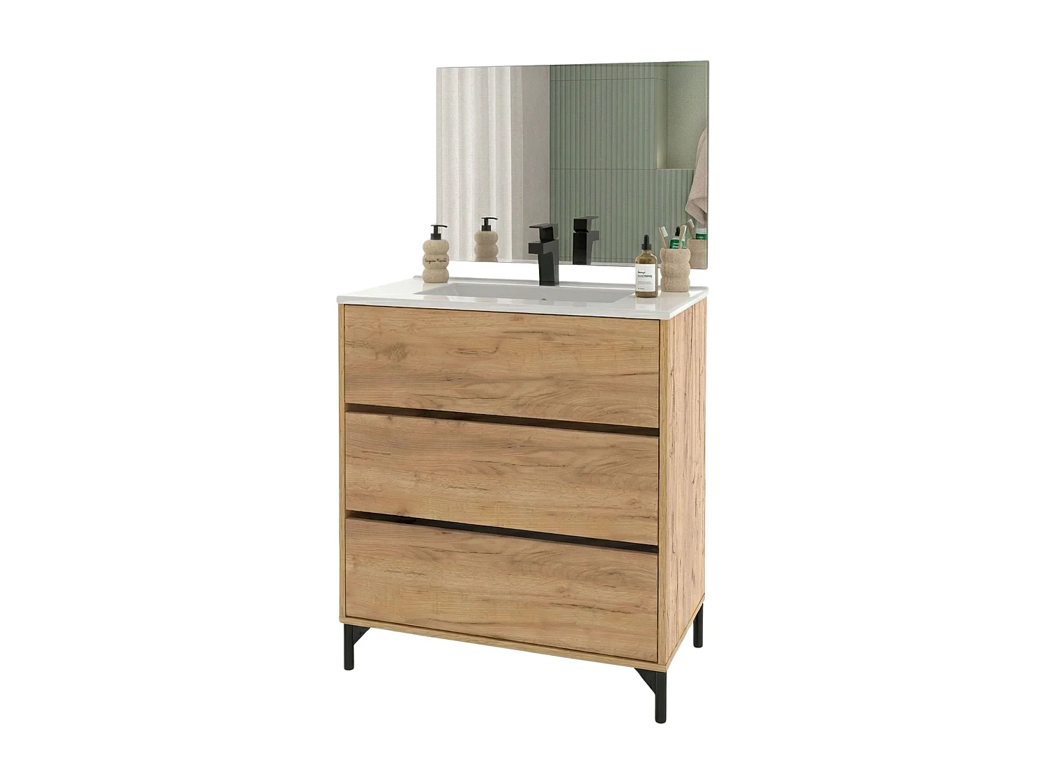 Mueble lavabo Elba baño 3 cajones roble kraft 91x80,5x45,5 cm salva sifón