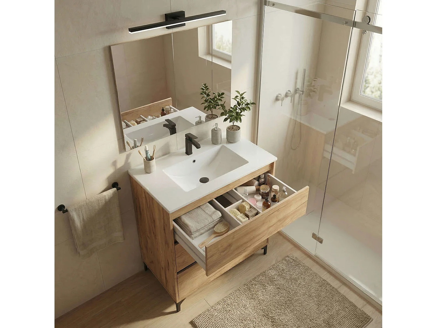 Mueble lavabo Elba baño 3 cajones roble kraft 91x80,5x45,5 cm salva sifón