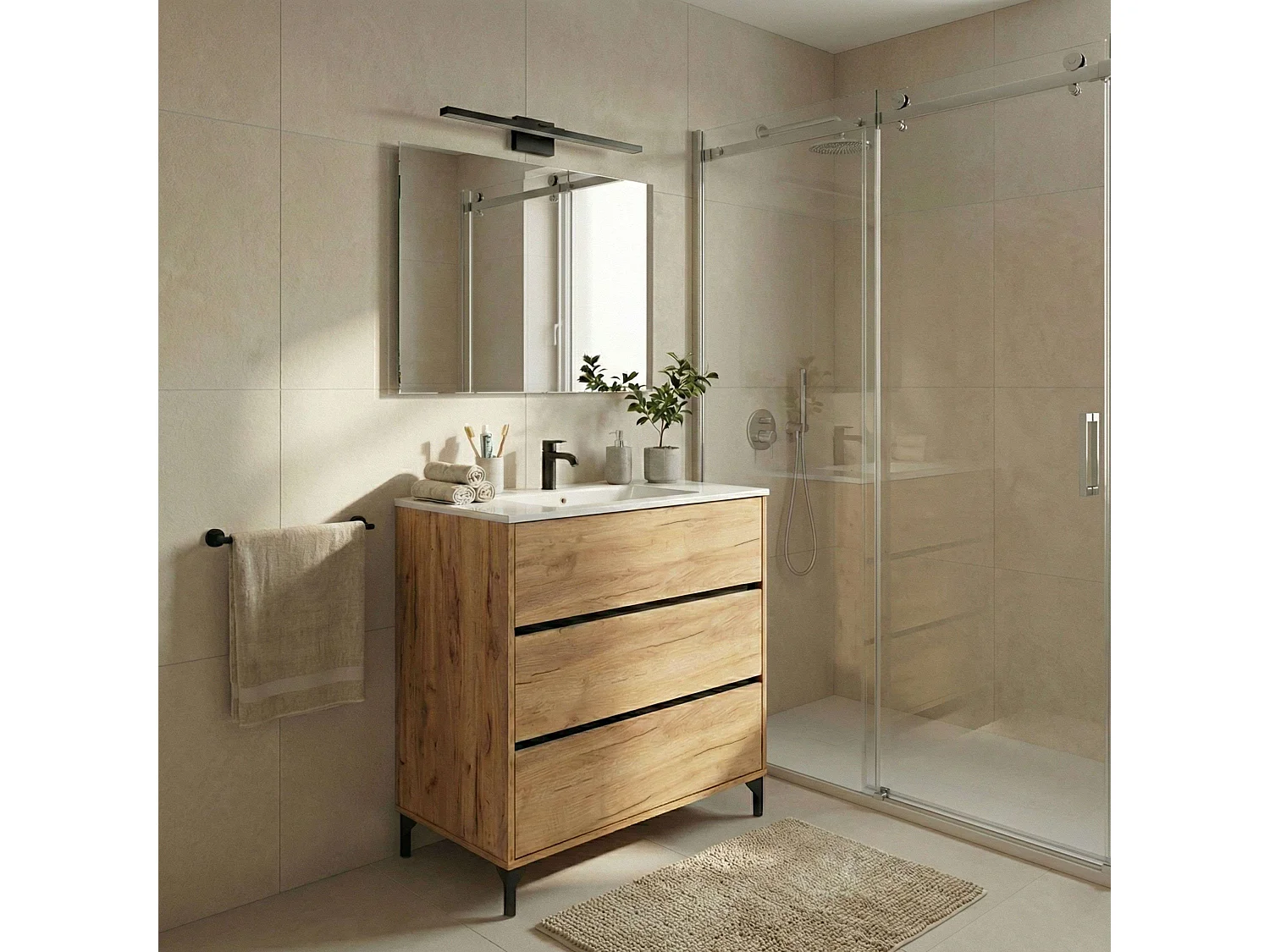Mueble lavabo Elba baño 3 cajones roble kraft 91x80,5x45,5 cm salva sifón