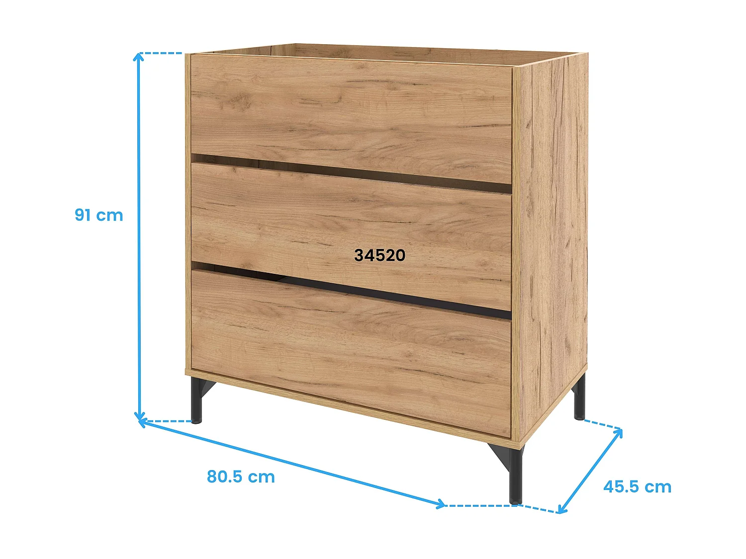 Mueble lavabo Elba baño 3 cajones roble kraft 91x80,5x45,5 cm salva sifón