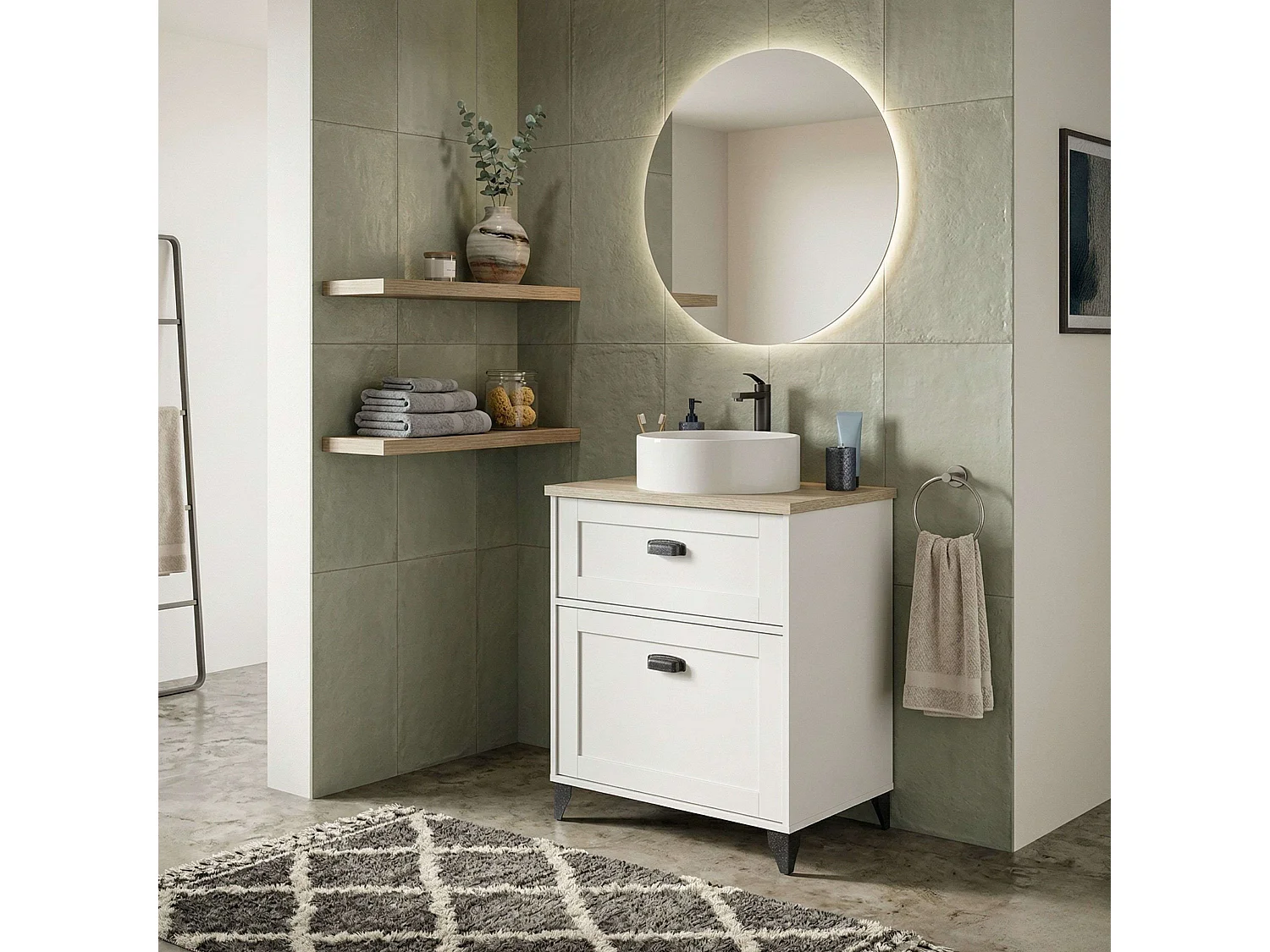 Mueble lavabo Toscana 60 2 cajones blanco soft y roble cambrian 80x61x47 cm