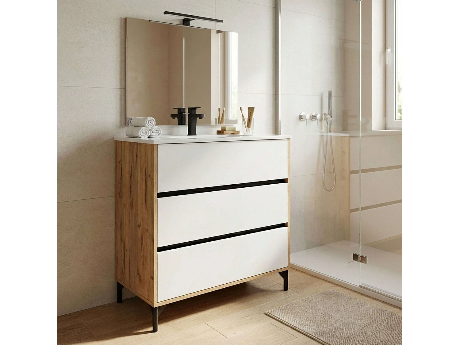 Mueble lavabo Elba baño 3 cajones roble kraft y blanco mate 91x80,5x45,5cm