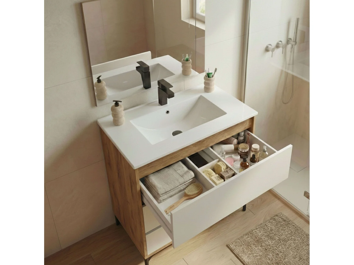 Mueble lavabo Elba baño 3 cajones roble kraft y blanco mate 91x80,5x45,5cm