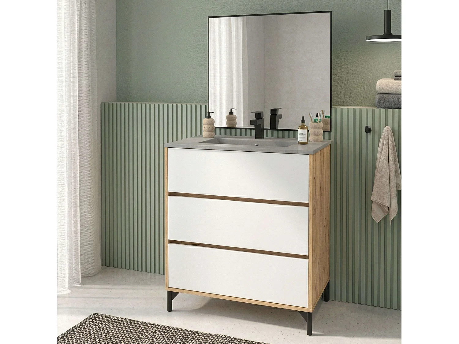 Mueble lavabo Elba baño 3 cajones roble kraft y blanco mate 91x80,5x45,5cm
