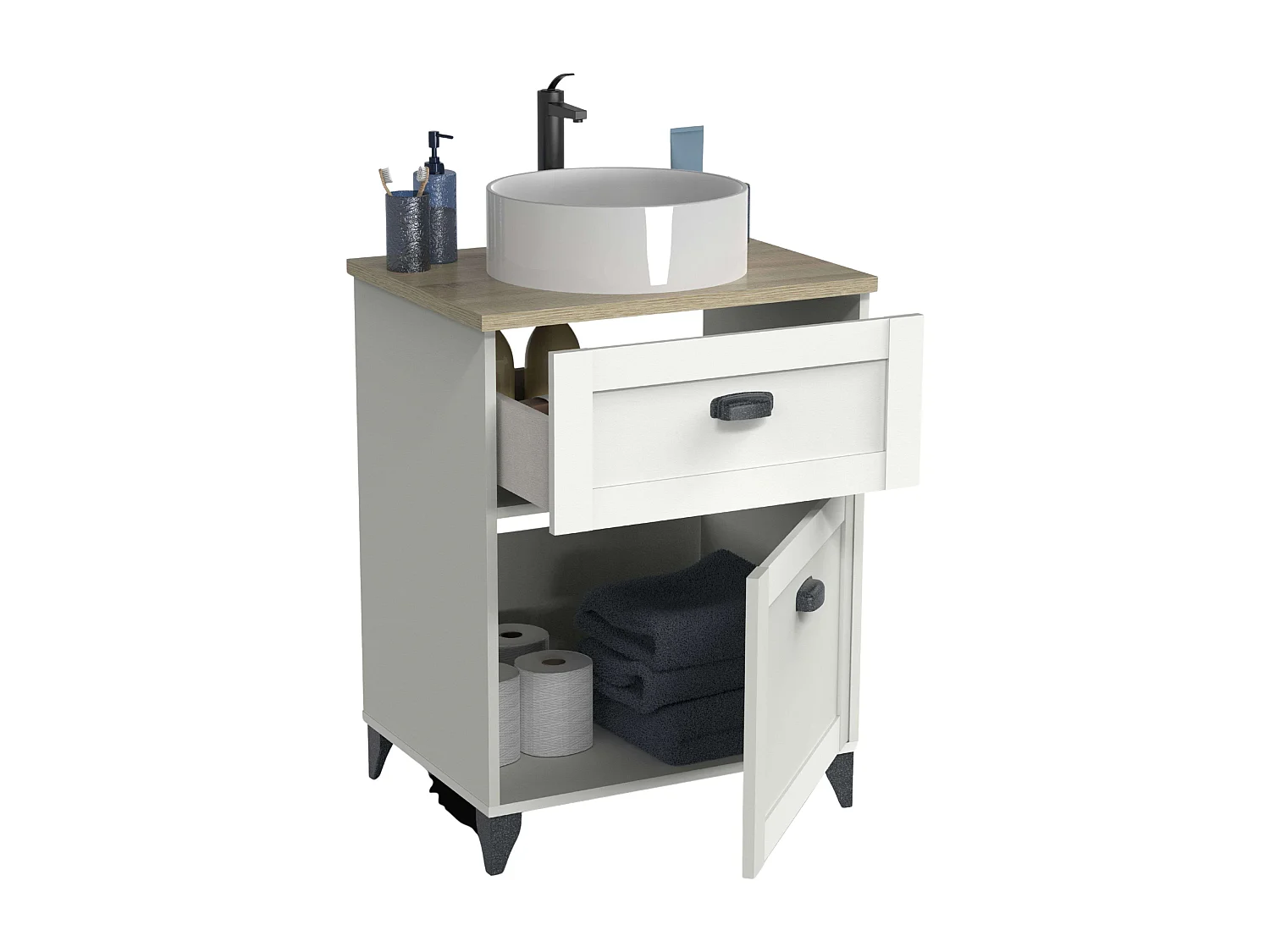 Mueble lavabo Toscana 60 2 cajones blanco soft y roble cambrian 80x61x47 cm