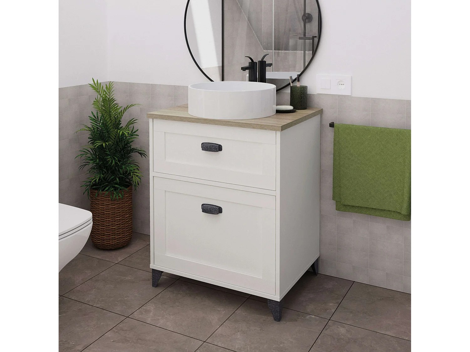 Mueble lavabo Toscana 60 2 cajones blanco soft y roble cambrian 80x61x47 cm