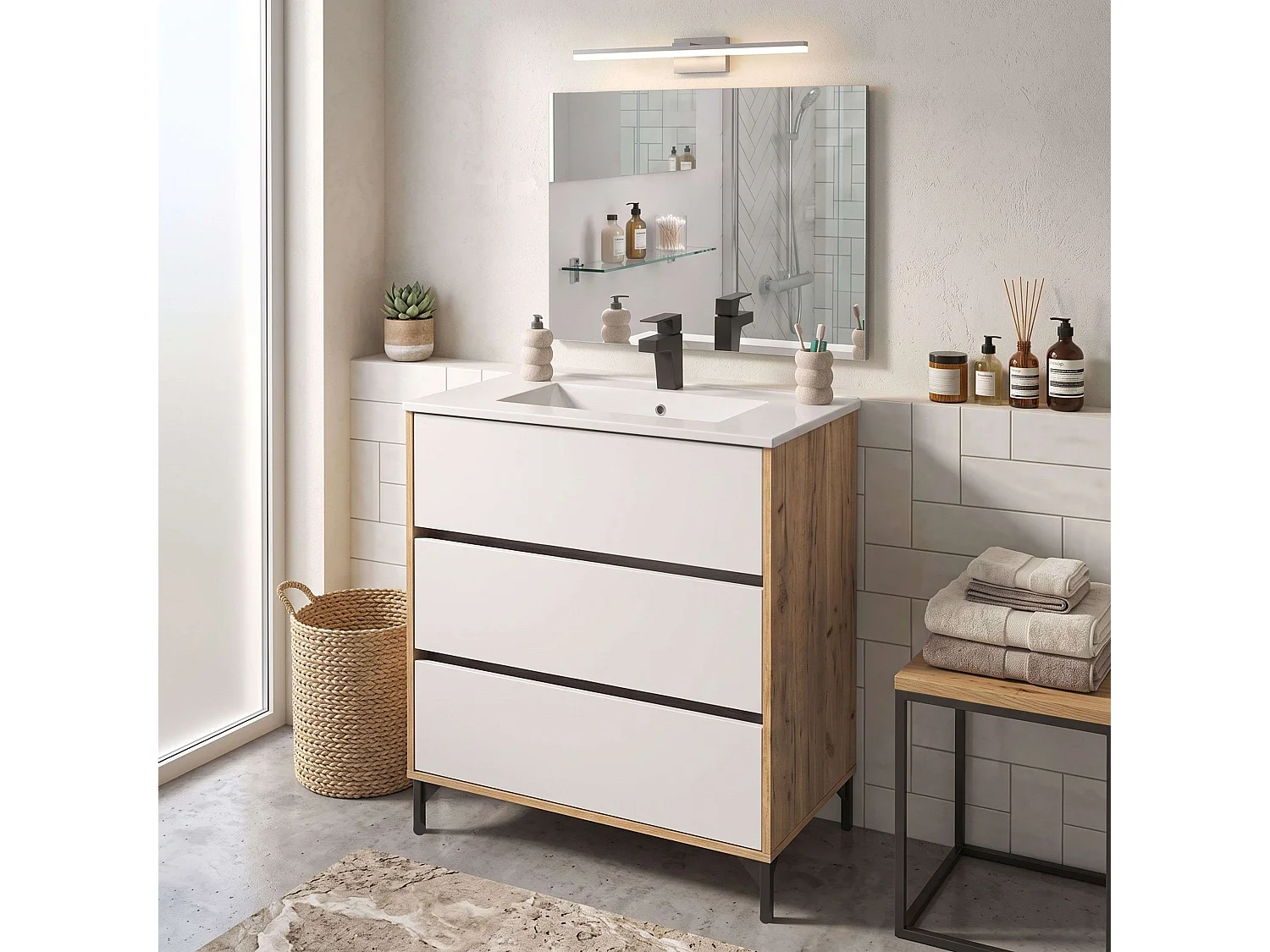 Móvel de banheiro Elba com 3 gavetas, carvalho kraft e branco fosco, 91x80,5x45,5cm